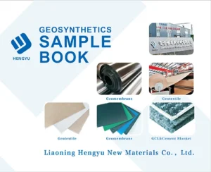 Open geomembrane sample book displaying various HDPE, LLDPE, and textured geomembrane swatches with thickness and color options